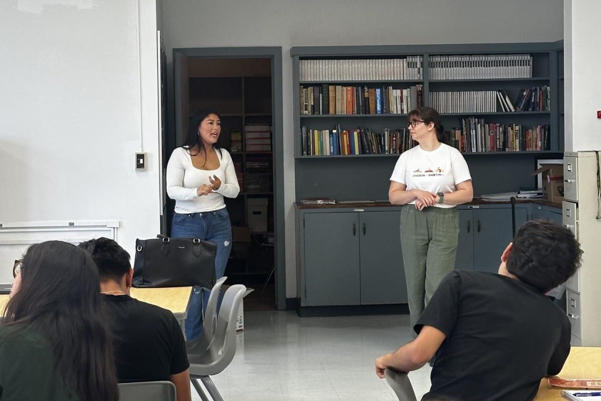 IB alumni, Ashley Espinoza (class of 2021) and T.J. Roberts (class of 2016) speak to current IB seniors on Aug. 15.
